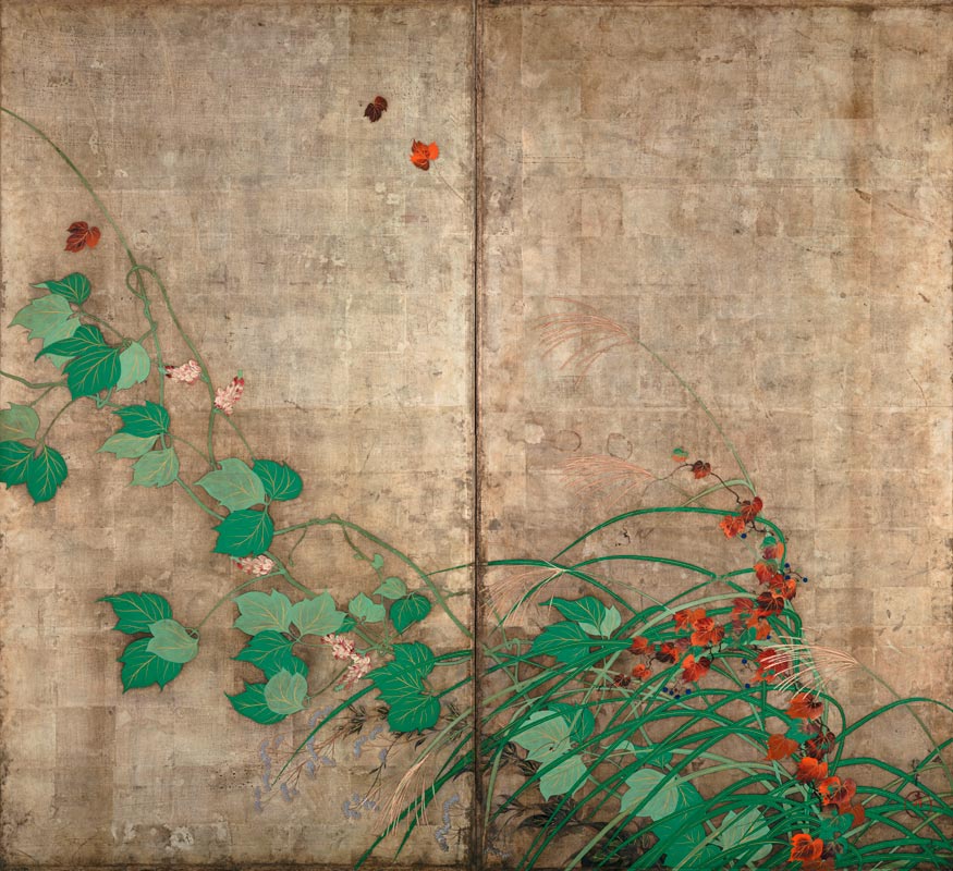 Summer and autumn flower plants. (Part of the pair of two-fold screens) a Sakai Hoitsu