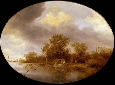 River landscape with men unloading lobster pots a Salomon van Ruisdael or Ruysdael