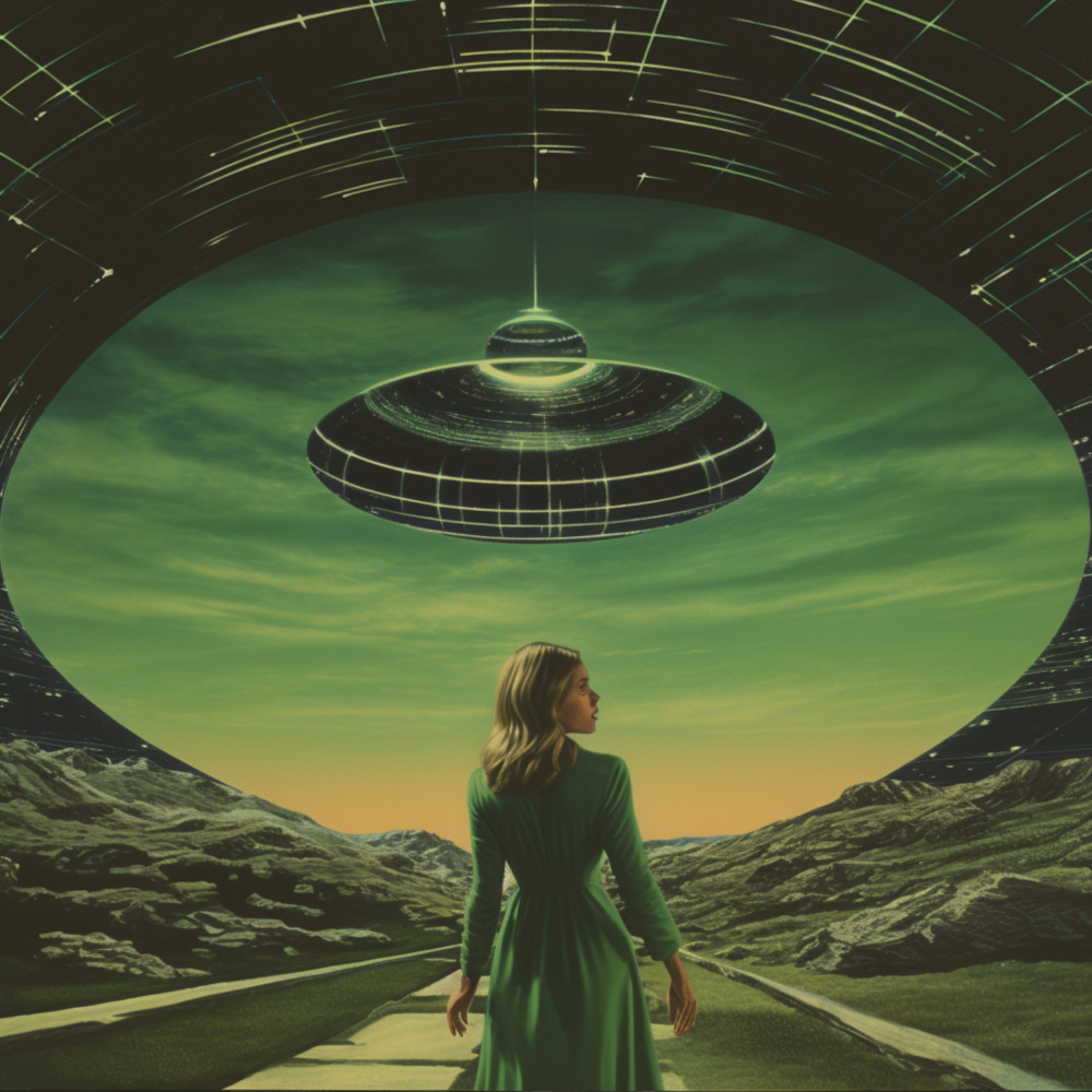 Green UFO Collage Art a Samantha Hearn