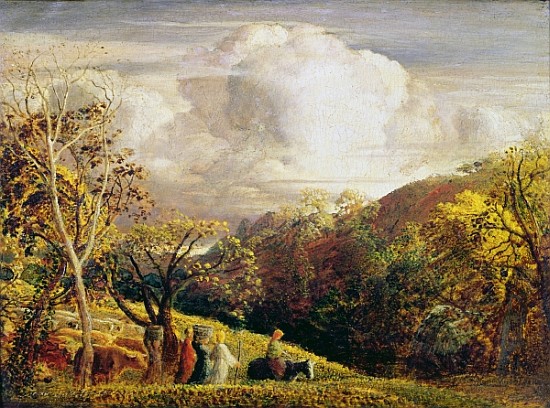 Landscape, figures and cattle (w/c and bodycolour on paper) a Samuel Palmer