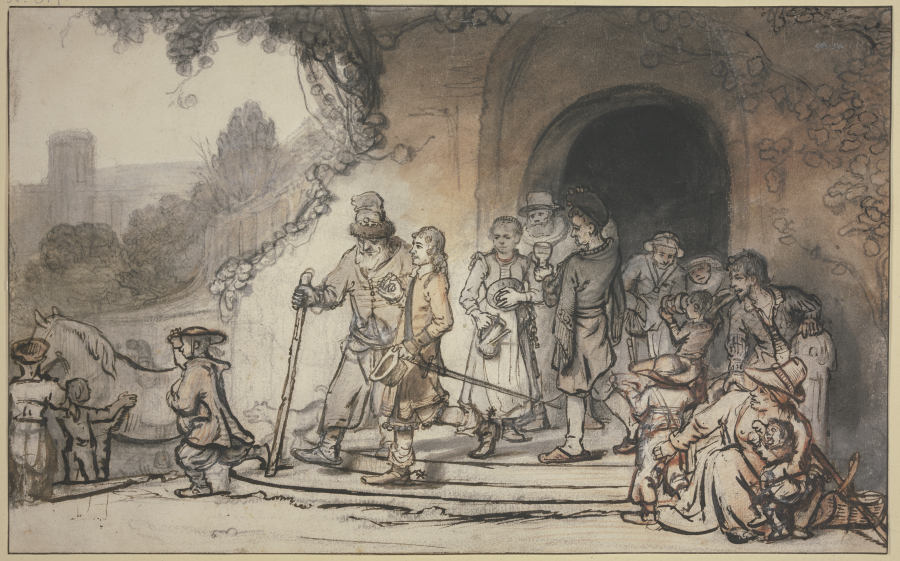 Ein junger Mann, gestiefelt und gespornt, tritt begleitet von seinem alten Vater und seiner Familie  a Samuel van Hoogstraten