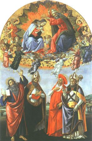 Coronation of Maria with the saints Johannes of the evangelist, Augustinus, Hieronymus and Eligius a Sandro Botticelli