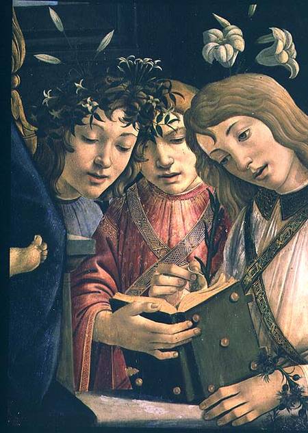 Madonna and child with the young St. John the Baptist and angels: detail showing three angels a Sandro Botticelli