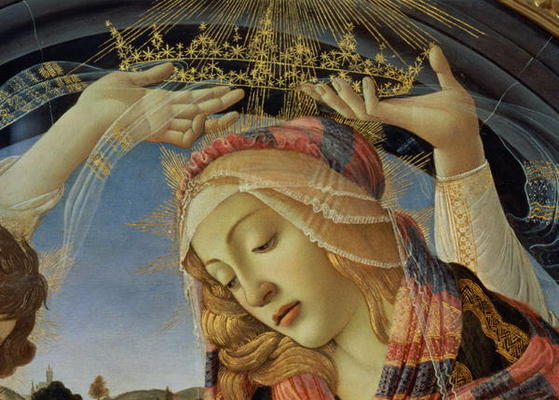 The Madonna of the Magnificat, detail of the Virgin's face and crown, 1482 (tempera on panel) (detai a Sandro Botticelli
