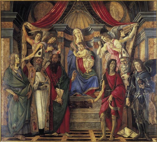Thronende Madonna mit dem Kinde, Engeln und den Heiligen Katharina von Alexandrien, Augustinus, Barn a Sandro Botticelli