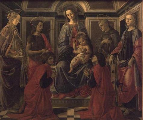 Virgin and Child with SS. Mary Magdalene, John The Baptist, Cosmo, Damian, Francis and Catherine, c. a Sandro Botticelli