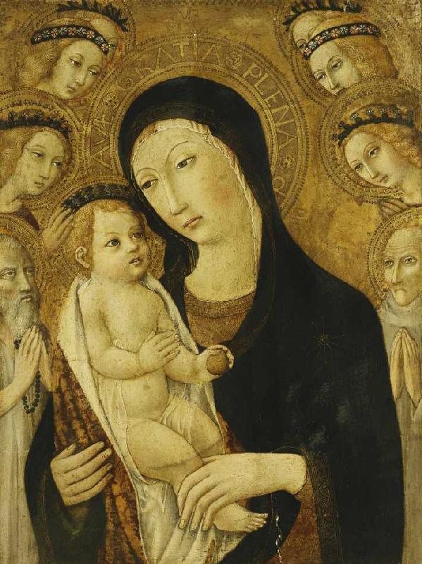 Madonna mit Kind und den Heiligen Antonius der Große und Bernhardin von Siena, umgeben von Engeln. a Sano di Pietro