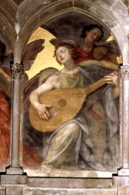 Musical angel within a trompe l'oeil cloister, detail of an angel playing a mandolin, from the inter a Santi di Tito