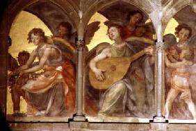 Musical angels within a trompe l'oeil cloister, from the interior west facade