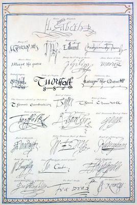 Reproduction of Signatures of the Tudors and their Court from 'Memoirs of the Court of Queen Elizabe
