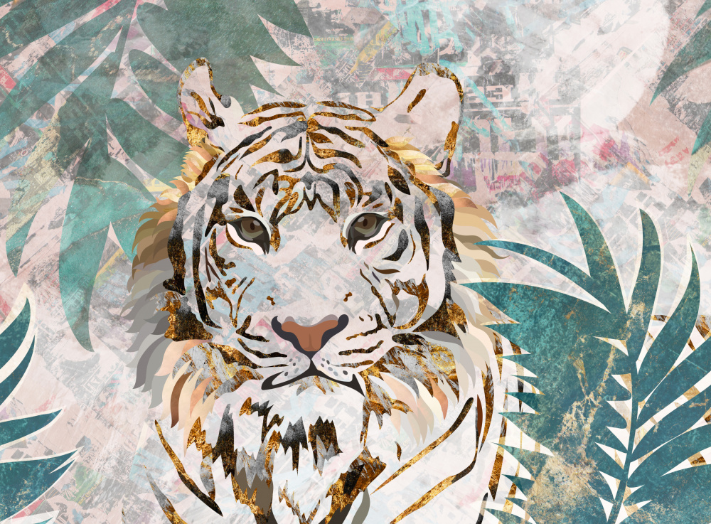 Tiger grunge tropical palm wall mural a Sarah Manovski
