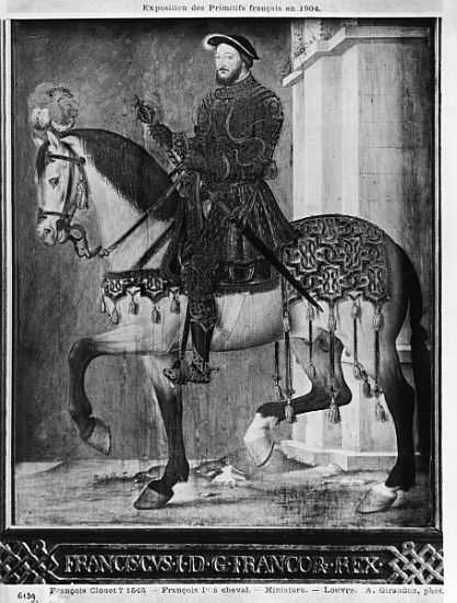 Equestrian portrait of King Francis I of France (w/c on vellum) a (school of) Jean Clouet