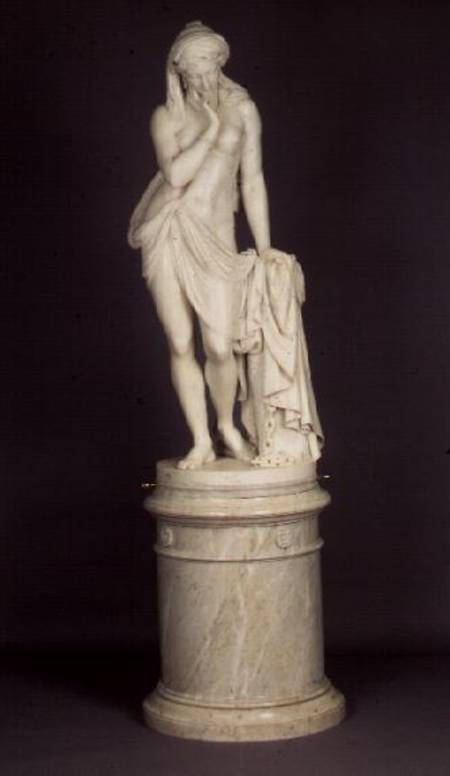 `Greek Slave Girl', on a circular pedestal, marble sculpture a Scipio  Tadolini