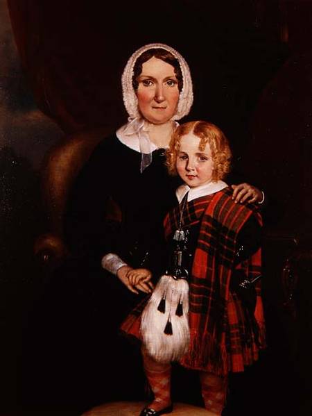 Portrait of a Scottish Woman with her Young Son in Highland Dress a Scottish school