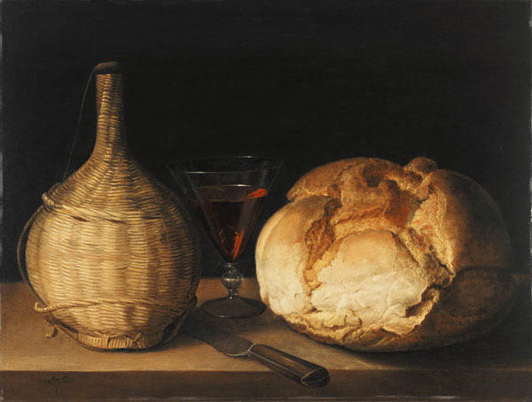 Quiet life with demijohn, goblet and bread. a Sebastian Stosskopf
