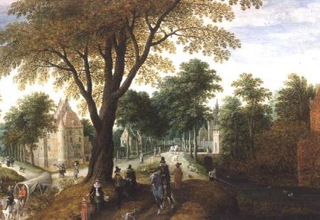 Elegant Horsemen and figures on a path in front of a chateau a Sebastian Vrancx