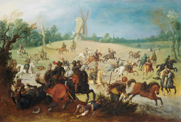 A cavalry battle in a wooded valley before a windmill a Sebastian Vrancx