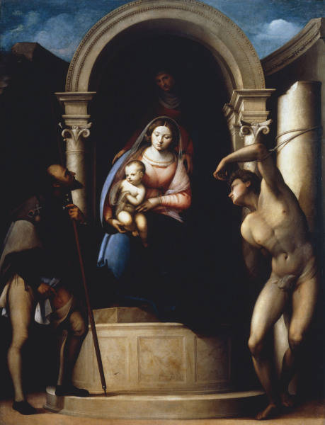 Florigerio, Sebastiano c.1500 - aft.1543. ''St.Anne with Mary and the Child Jesus, with Saints Roche a Sebastiano Florigerio