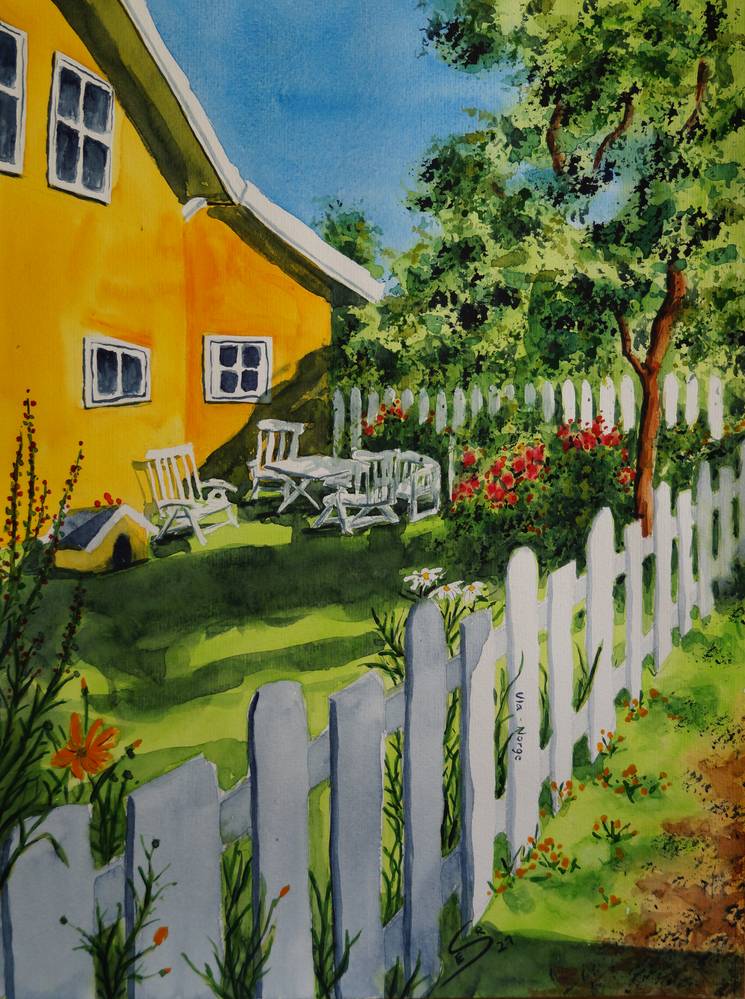 Garten mit gelben Haus in Ula, Süd-Norwegen a Eva Seltmann-Reinig