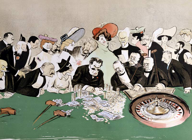 Gamblers in the casino at Monte-Carlo. c.1910 (colour litho) a Sem