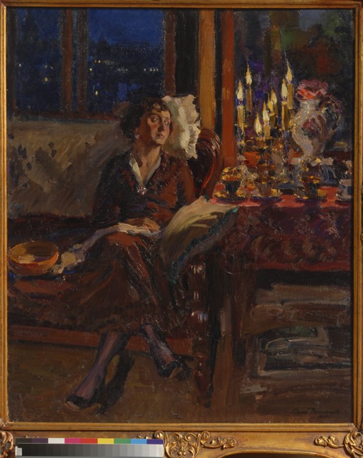Lady with Book in an Interior a Sergej Arsenjewitsch Winogradow