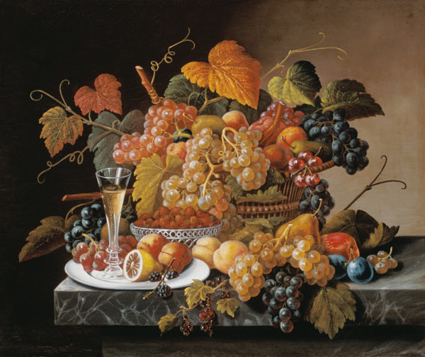 Grape still life with champagne glass. a Severin Roesen