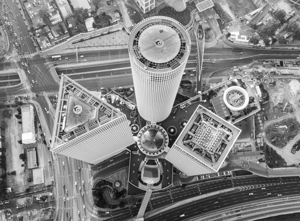 The 3 towers from a drone eye in BW a Shachar Efal