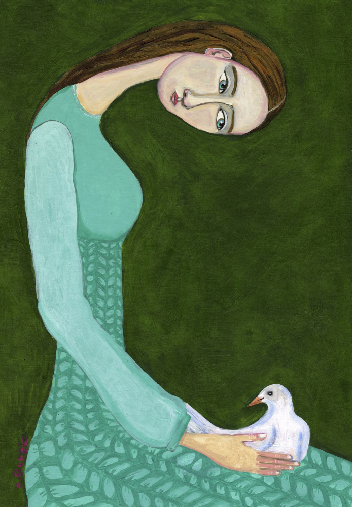 Lady sitting with white dove bird woman a Sharyn Bursic
