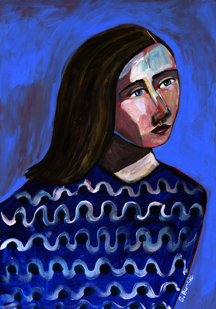 Woman in Blue Sweater Naive Portrait Figurative a Sharyn Bursic