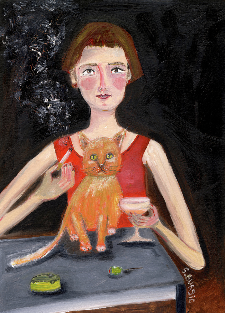 Vintage woman with cocktail and cat a Sharyn Bursic