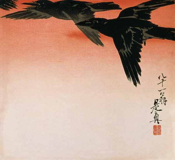 Crows in flight in a red sky a Shibata Zeshin