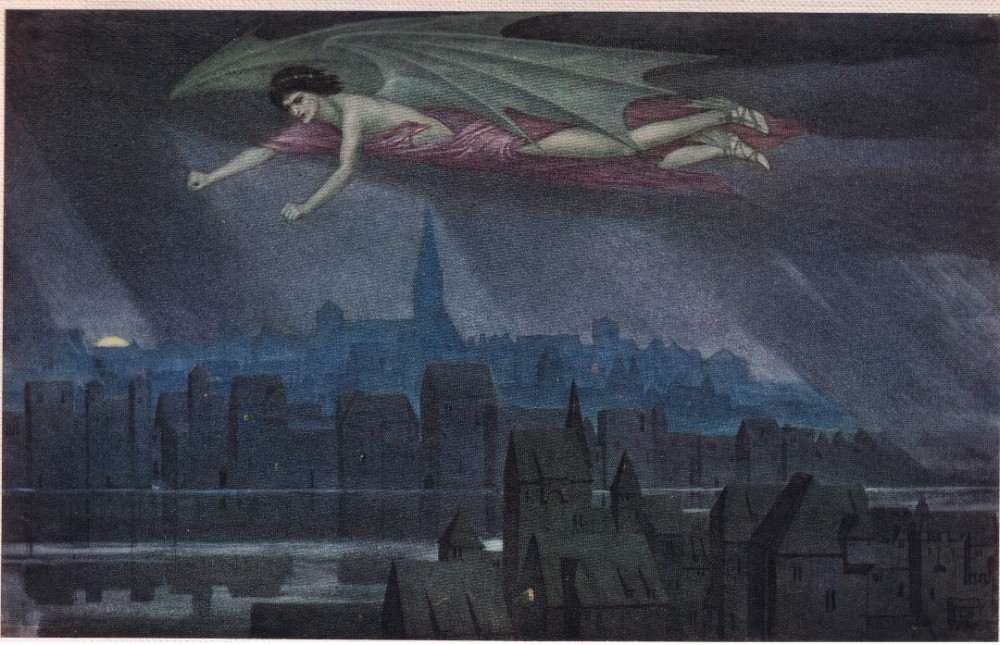 Lucifer flying over the city. Sleep, sleep, o city! Till the light wake you to sin and crime again. a Sidney Meteyard