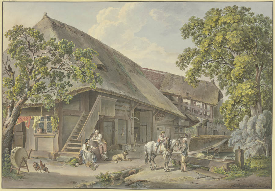 Schweizerhaus, am Brunnen Bauer mit einem Schimmel, auf dem ein Knabe reitet a Sigmund Freudenberger