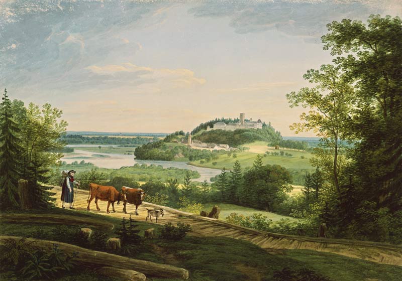 Farmer with cows in front of castle Neubeuern at the Inn a Simon Warnberger