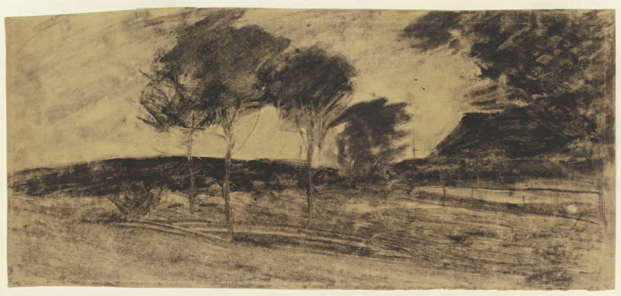 Landschaft, links kleiner Hügel, davor drei Bäume, rechts Haus a Sion Longley Wenban