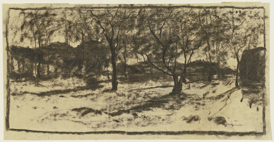 Obstbäume im Schnee, im Hintergrund Häuser a Sion Longley Wenban