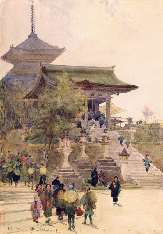 The Entrance to the Temple of Kiyomizu-Dera, Kyoto, with Pilgrims ascending a Sir Alfred East