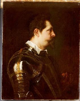 Portrait of a general, bust length, in damascened armour with white collar and red sash