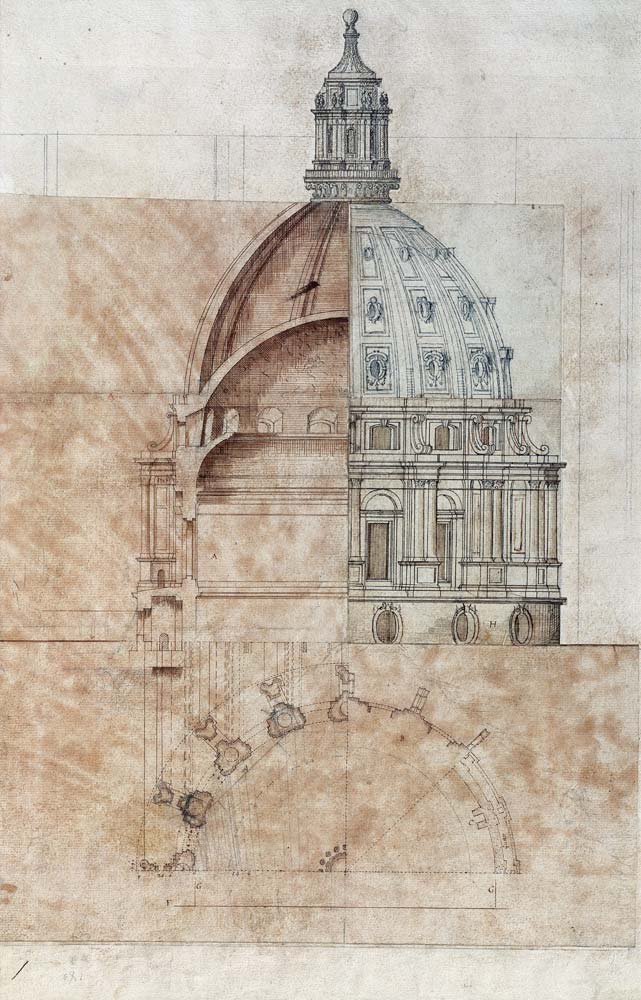 The 'Definitive Design': section, elevation and half plan of St. Paul's Cathedral dome cil on a Sir Christopher Wren