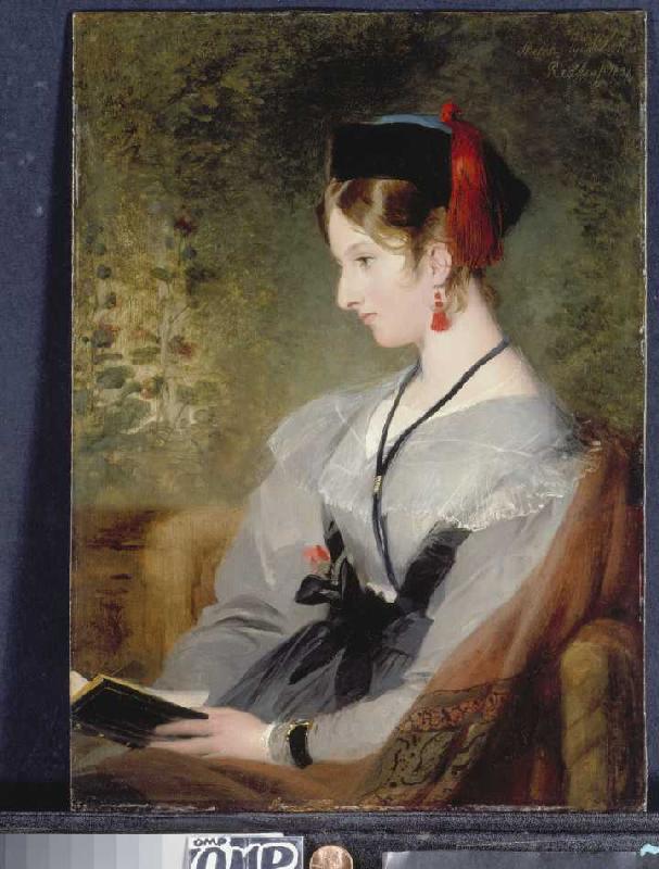 Bildnis von Elizabeth Wells (spätere Lady Dyke) in grauem Kleid mit Buch. a Sir Edwin Henry Landseer