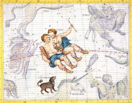 Constellation of Gemini with Canis Minor, plate 13 from 'Atlas Coelestis', by John Flamsteed (1646-1 a Sir James Thornhill