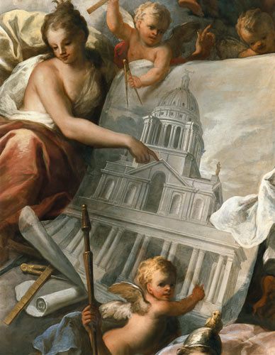 Ceiling of the Painted Hall, detail showing a drawing of the exterior of the Painted Hall a Sir James Thornhill