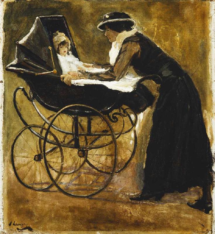 Eine junge Frau mit Baby in einem Kinderwagen. a Sir John Lavery