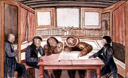 Two eskimos, Ikmalik and Apelaglui sketching the coast of King William Island on board the `Victory' a Sir John Ross