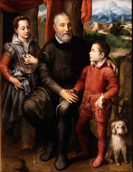 Portrait of the artist's family, Minerva (sister) Amilcare (father) and Asdrubale (brother) a Sofonisba Anguisciola