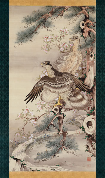 Pair of Hawks with Branch and Blossoms a Soga Shohaku