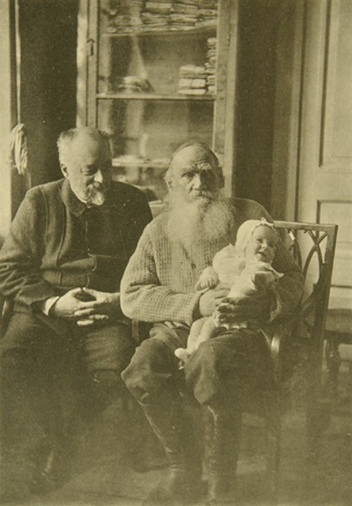 Leo Tolstoy with the son-in-law Mikhail Sukhotin and granddaughter Tatiana a Sophia Andreevna Tolstaya