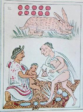 Facsimile of a page of an historical Florentine codex depicting a mother listening predictions about