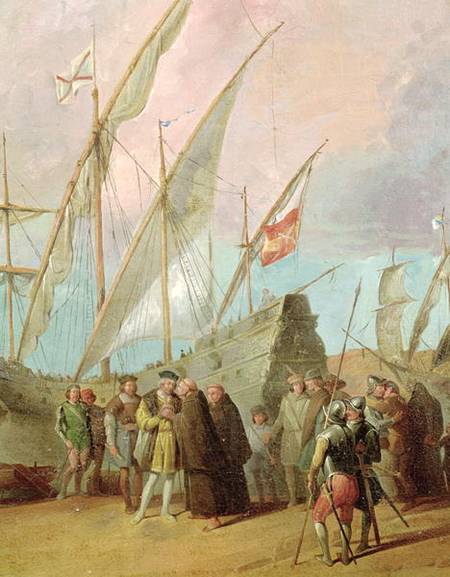Departure of Christopher Columbus (1451-1506) from Palos, detail of the central group a Spanish School