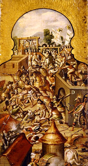Depiction of the atrocities committed during the fighting for the conquest of the Temple Mayor and t a Spanish School